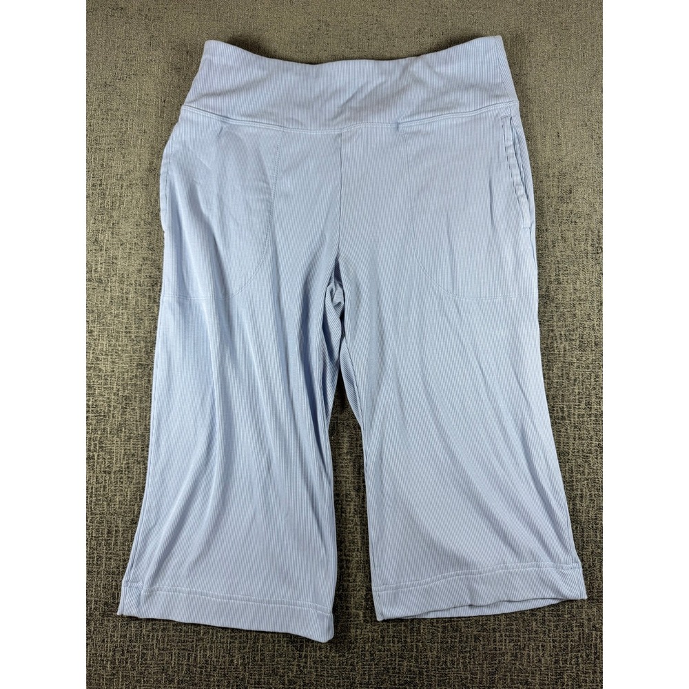 Duluth Trading Co Womens Ribbed Knit Crop Pants Light Blue Wide Leg‎ Pockets M
